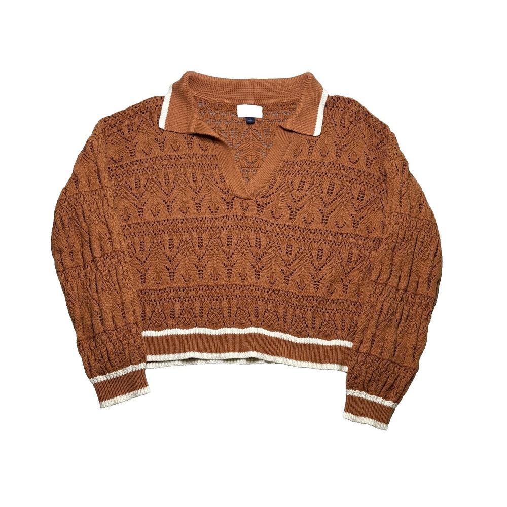 Universal Thread Open Knit Cropped Pointelle Collared Polo Womens L Brown Boho